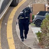 Traffic warden's car spotted parked on double yellow line while writing up tickets in Whitstable, Kent. 