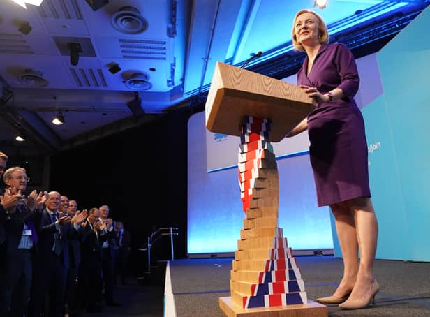 <p>Foreign Secretary Liz Truss delivers an acceptance speech at the Queen Elizabeth II Conference Centre in Westminster after being announced the winner of the Conservative Party leadership contest in London</p>