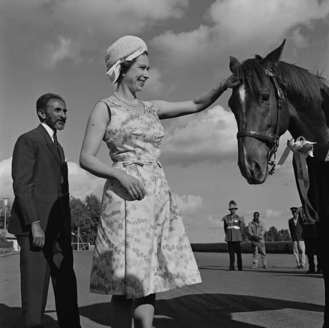 Queen Elizabeth II patting on the forehead of a horse while Ethiopian emperor Haile Selassie (1892 - 1975) is standing next to her during her visit to Ethiopia, 5th February 1965. (Photo by Terry Fincher/Daily Express/Hulton Archive/Getty Images)