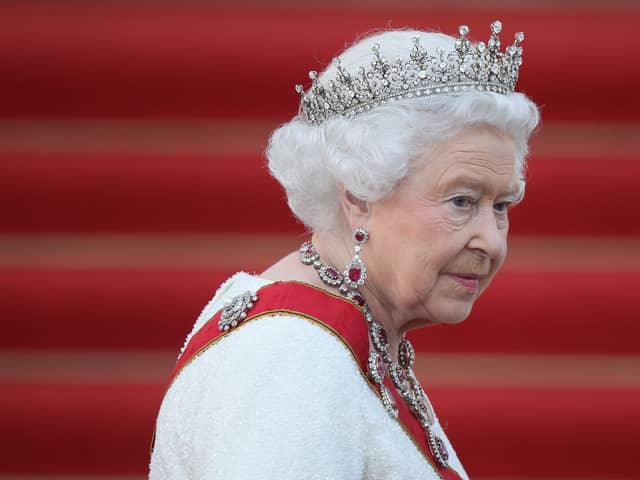 BERLIN, GERMANY - JUNE 24:  Queen Elizabeth II arrives for the state banquet in her honour at Schloss Bellevue palace on the second of the royal couple’s four-day visit to Germany on June 24, 2015 in Berlin, Germany. The Queen and Prince Philip are scheduled to visit Berlin, Frankfurt and the concentration camp memorial at Bergen-Belsen during their trip, which is their first to Germany since 2004.  (Photo by Sean Gallup/Getty Images)