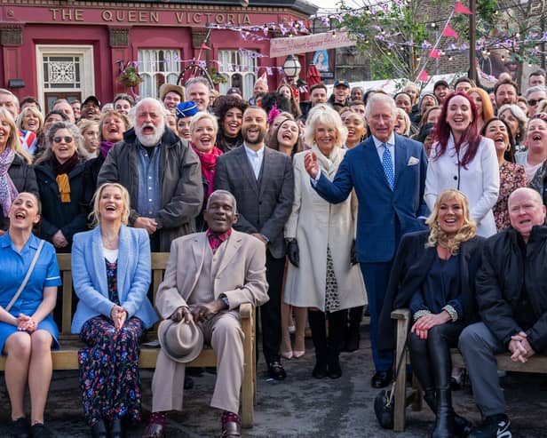 King Charles and Queen Consort Camilla on the set of EastEnders. 