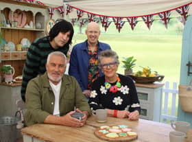 Great British Bake Off presenters and judges in cake corner (L to R (back) Noel Fielding, Matt Lucas (front) Paul Hollywood, Prue Leith.