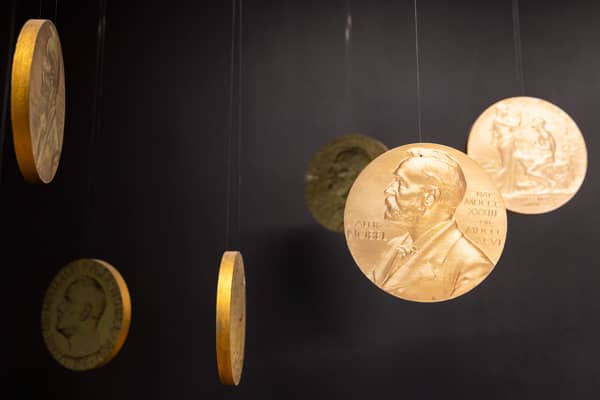 Replicas of the official Nobel Peace Prize gold medal.