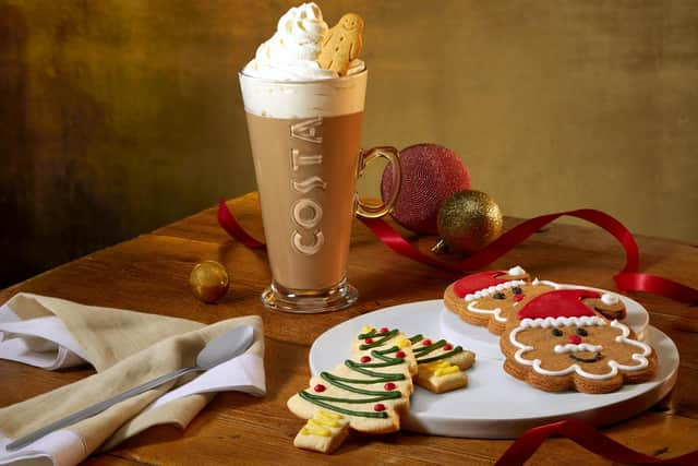 Costa Christmas menu: The Santa Gingerbread Biscuit and Christmas Tree Shortcake biscuit with a Gingerbread & Cream Latte