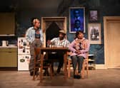  Jessica Whitehurst as Anita, Wayne Rollins as Vince and Josephine Melville as Maggie in Nine Night at Leeds Playhouse. Picture: by Sharron Wallace