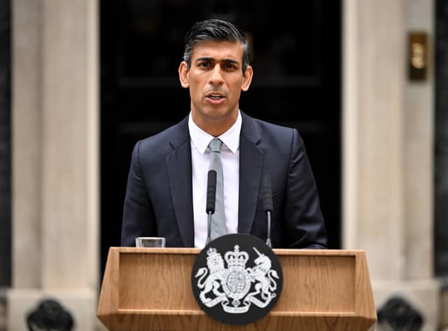 British Prime Minister Rishi Sunak makes a statement after taking office outside Number 10 in Downing Street on October 25, 2022 in London, England. Rishi Sunak will take office as the UK's 57th Prime Minister today after he was appointed as Conservative leader yesterday. He was the only candidate to garner 100-plus votes from Conservative MPs in the contest for the top job. He said his aim was to unite his party and the country. (Photo by Leon Neal/Getty Images)
