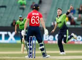 Josh Little of Ireland celebrates the wicket of Jos Buttler of England during the ICC Men's T20 World Cup match between England and Ireland at Melbourne Cricket Ground