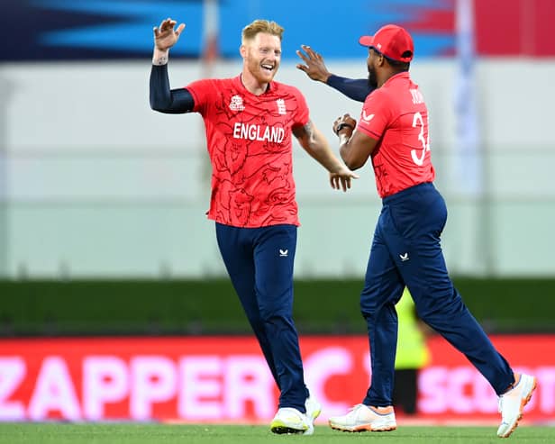 Chris Jordan is congratulated by Ben Stokes 