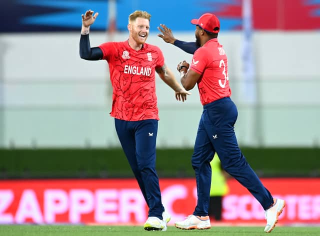 Chris Jordan is congratulated by Ben Stokes 