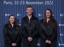 Meganne Christian (L), John McFall (C), and Rosemary Coogan (R) pose during a ceremony to unveil the European Space Agency new class of career astronauts in Paris on November 23, 2022