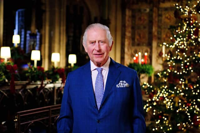  In this image released on December 23, King Charles III is seen during the recording of his first Christmas broadcast in the Quire of St George's Chapel at Windsor Castle, on December 13, 2022 in Windsor, England. (Photo by Victoria Jones - Pool/Getty Images)