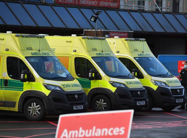 Ambulances parked outside Manchester Royal Infirmary on December 21, 2022.