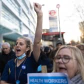 Nurses and supporters gather outside University College Hospital before marching to Downing Street after a day of strike action on December 20 2022 in London. (Photo by Dan Kitwood/Getty Images)