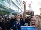 Nurses and supporters gather outside University College Hospital before marching to Downing Street after a day of strike action on December 20 2022 in London. (Photo by Dan Kitwood/Getty Images)
