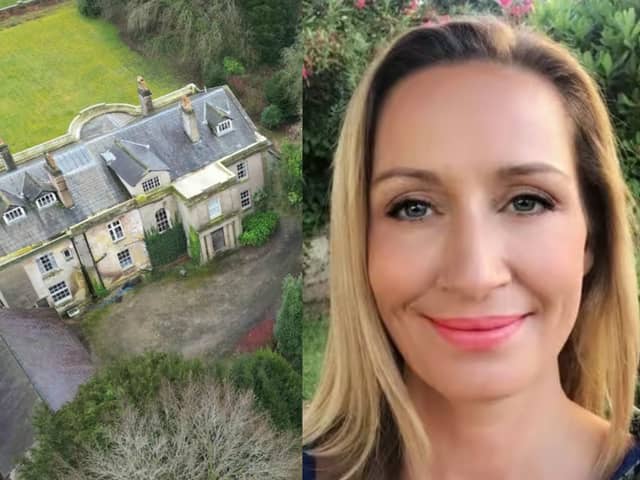 (L-R) The abandoned house being searched by the River Wyre, close to where Nicola Bulley went missing. Nicola is pictured on the right.