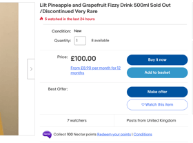  A fan is selling a 500ml bottle of Lilt drink for £100 which they brand as “very rare”. 