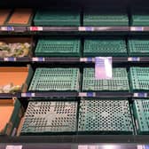 Empty shelves are seen in the fruit and vegetable aisles of a Tesco supermarket on February 22, 2023 in Burgess Hill.