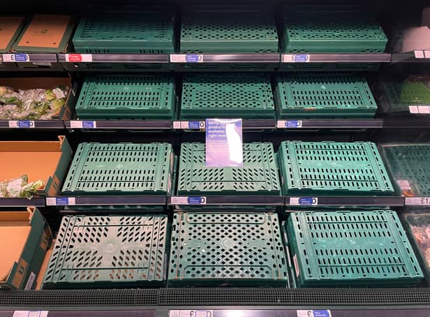 Empty shelves are seen in the fruit and vegetable aisles of a Tesco supermarket on February 22, 2023 in Burgess Hill.