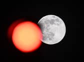 TOPSHOT - This picture taken on February 5, 2023 shows the full moon rising behind a red crossing light in Paris. (Photo by Stefano RELLANDINI / AFP) (Photo by STEFANO RELLANDINI/AFP via Getty Images)