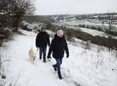 A couple walk their dog in the snow at Dartland Banks nature reserve near Hampstead.