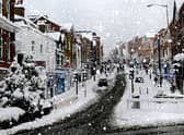 Guildford, Surrey, England. High street in the snow.