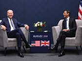 US President Joe Biden and British Prime Minister Rishi Sunak participate in a bilateral meeting during the AUKUS summit on March 13, 2023 in San Diego, California. President Biden hosts British Prime Minister Rishi Sunak and Australian Prime Minister Anthony Albanese in San Diego for an AUKUS meeting to discuss the procurement of nuclear-powered submarines under a pact between the three nations. (Photo by Leon Neal/Getty Images)