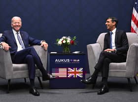US President Joe Biden and British Prime Minister Rishi Sunak participate in a bilateral meeting during the AUKUS summit on March 13, 2023 in San Diego, California. President Biden hosts British Prime Minister Rishi Sunak and Australian Prime Minister Anthony Albanese in San Diego for an AUKUS meeting to discuss the procurement of nuclear-powered submarines under a pact between the three nations. (Photo by Leon Neal/Getty Images)