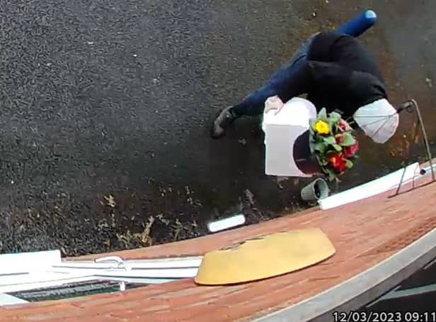 Owner Kim Hughes was left “mortified” when she watched back the footage and saw the hooded man walking off with the box filled with letters to dead relatives. 