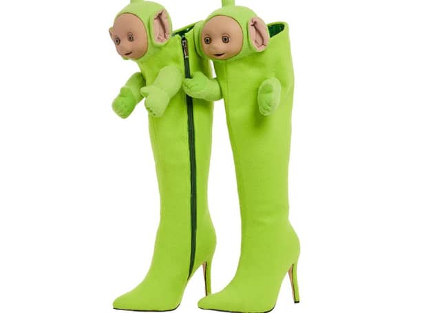 Christian Cowan's latest footwear are a homage to Dipsy -  the bright green character from the 90s children's show.