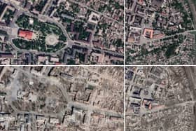 Satellite imagery shows the once flourishing city turned into a wasteland, with landmark buildings reduced to rubble.