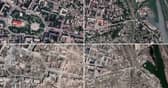 Satellite imagery shows the once flourishing city turned into a wasteland, with landmark buildings reduced to rubble.