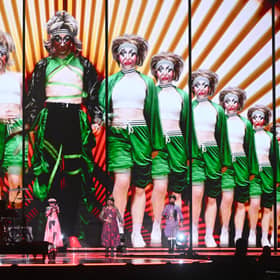 Let 3, representatives for Croatia, perform during the first dress rehearsal for Semi Final 1 of the Eurovision Song Contest 2023 at M&S Bank Arena.