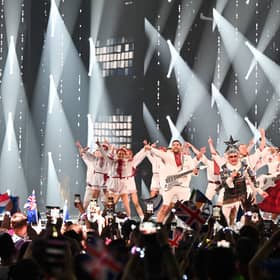 Ukrainian comedian Verka Serduchka performs during the final of the Eurovision Song contest 2023.