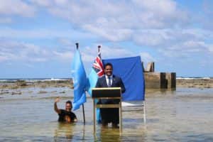 Tuvalu’s foreign minister, Simon Kofe, delivered his COP26 speech knee deep in seawater to highlight how his island nation is being affected by climate change