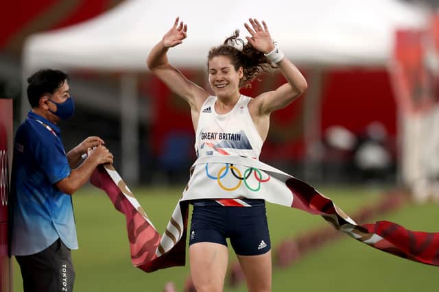 Kate French of Team GB crosses the line to win gold in the Laser Run during the Women's Modern Pentathlon (Photo by Dan Mullan/Getty Images)