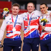 Silver medalists Jack Carlin, Jason Kenny and Ryan Owens of Team Great Britain, pose on the podium during the medal ceremony (Getty Images)