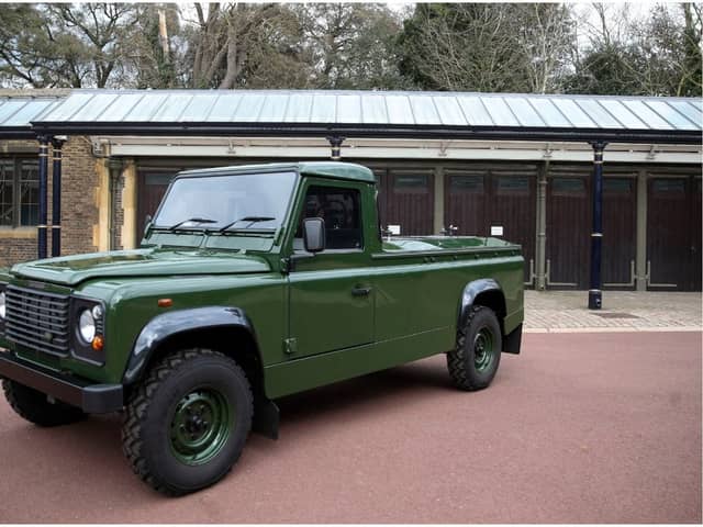 The Land Rover Defender that will be used to transport the coffin of Britain's Prince Philip, Duke of Edinburgh during the funeral procession is parked in Windsor Castle (Photo by STEVE PARSONS/POOL/AFP via Getty Images)
