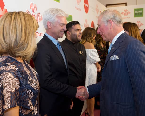 Phillip Schofield speaks to Prince Charles, now King Charles III, at The Prince’s Trust Awards at The London Palladium on March 6, 2018.