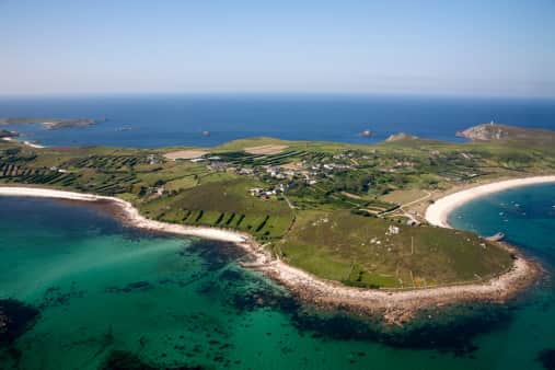 Aerial shot of Tresco, Isles of Scilly, Cornwall, UK.