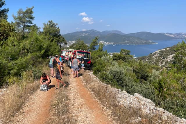 Tourists walked for 45 minutes in 30 degree heat after their off-road vehicle broke down during an off-road experience. Josef Killey, 24, was on holiday in Turkey with partner Joseph Morphet, 29, when their excursion went wrong. (SWNS)