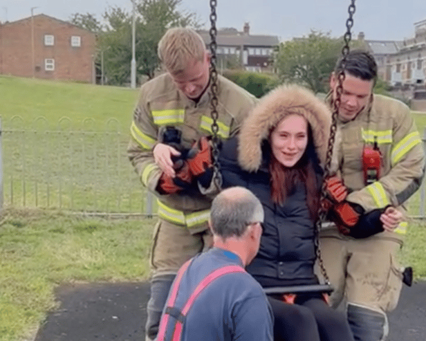 Watch: Mindless mum left with bruises after firefighters cut her out of baby swing 