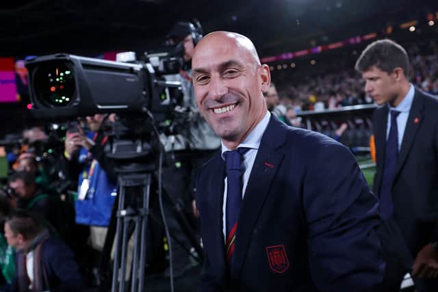 President of the Royal Spanish Football Federation Luis Rubiales (C) reacts at the end of the Australia and New Zealand 2023 Women’s World Cup final football match between Spain and England at Stadium Australia in Sydney on August 20.