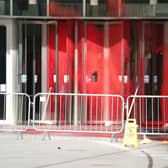 The scene at BBC Broadcasting House in London, after red paint was sprayed over the entrance. Picture date: Saturday October 14, 2023.