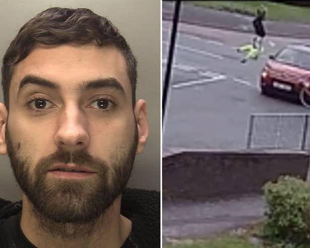 Horrifying CCTV shows the moment an elderly cyclist was sent flying through the air after a reckless driver ploughed into her.

The 71-year-old woman was left with a bleed on the brain after being hit by a Citroen C3 Flair being driven by Thomas Freeman, 29.