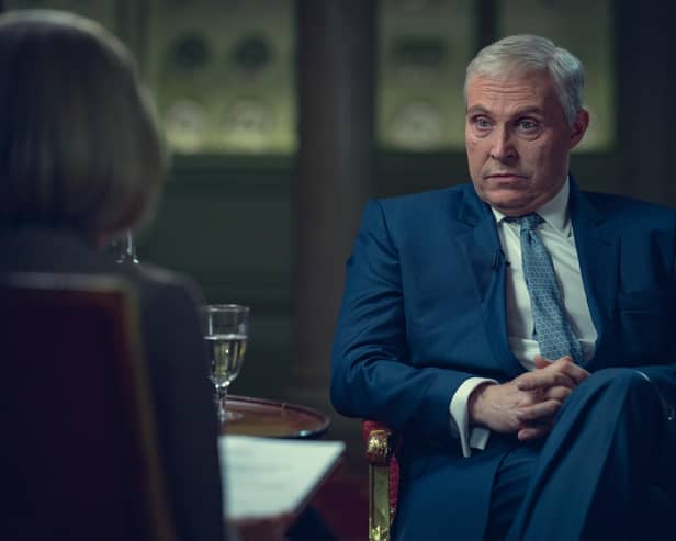 Rufus Sewell uncannily looks like the part of Prince Andrew in the forthcoming Netflix drama, "Scoop" (Credit: Netflix)
