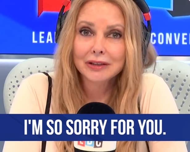 Carol Voderman comfrots caller. She wiped away tears as she listened to a man talk about the death of his partner from cancer. Picture: LBC