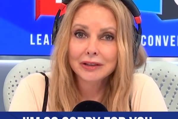 Carol Voderman comfrots caller. She wiped away tears as she listened to a man talk about the death of his partner from cancer. Picture: LBC