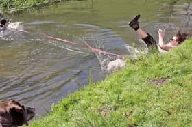 Woman is dragged into river while playing with her excited dog.