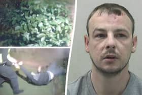 Police body worn footage shows the arrest of Liam Curry, 28, who was dragged from a bush by officers after a spate of burglaries on a posh housing estate.