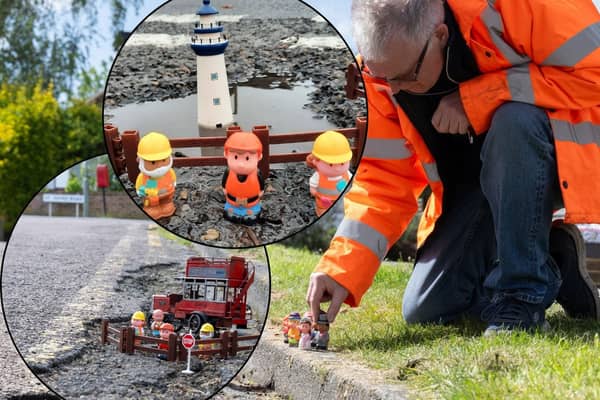Tim Webb, 66, is trying to highlight the pothole issue - by photographing toys at some of the 'greatest' pothole sites in his local area.